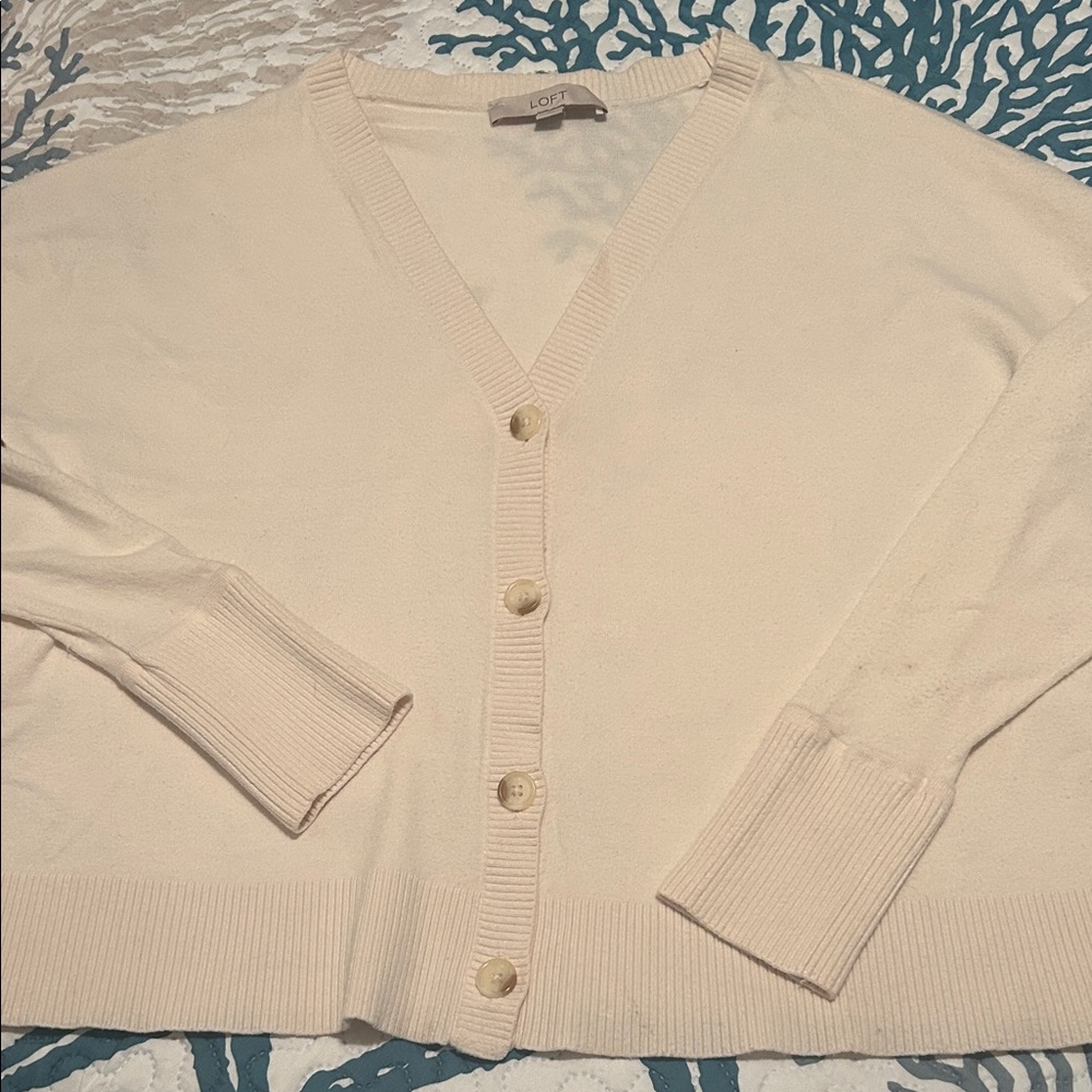LOFT Cream Button-Front V-Neck Cardigan